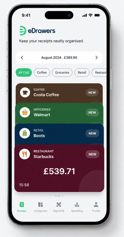 eDrawers app screen showing a receipt list organised by store, with categories like Coffee, Groceries, Retail and Restaurant