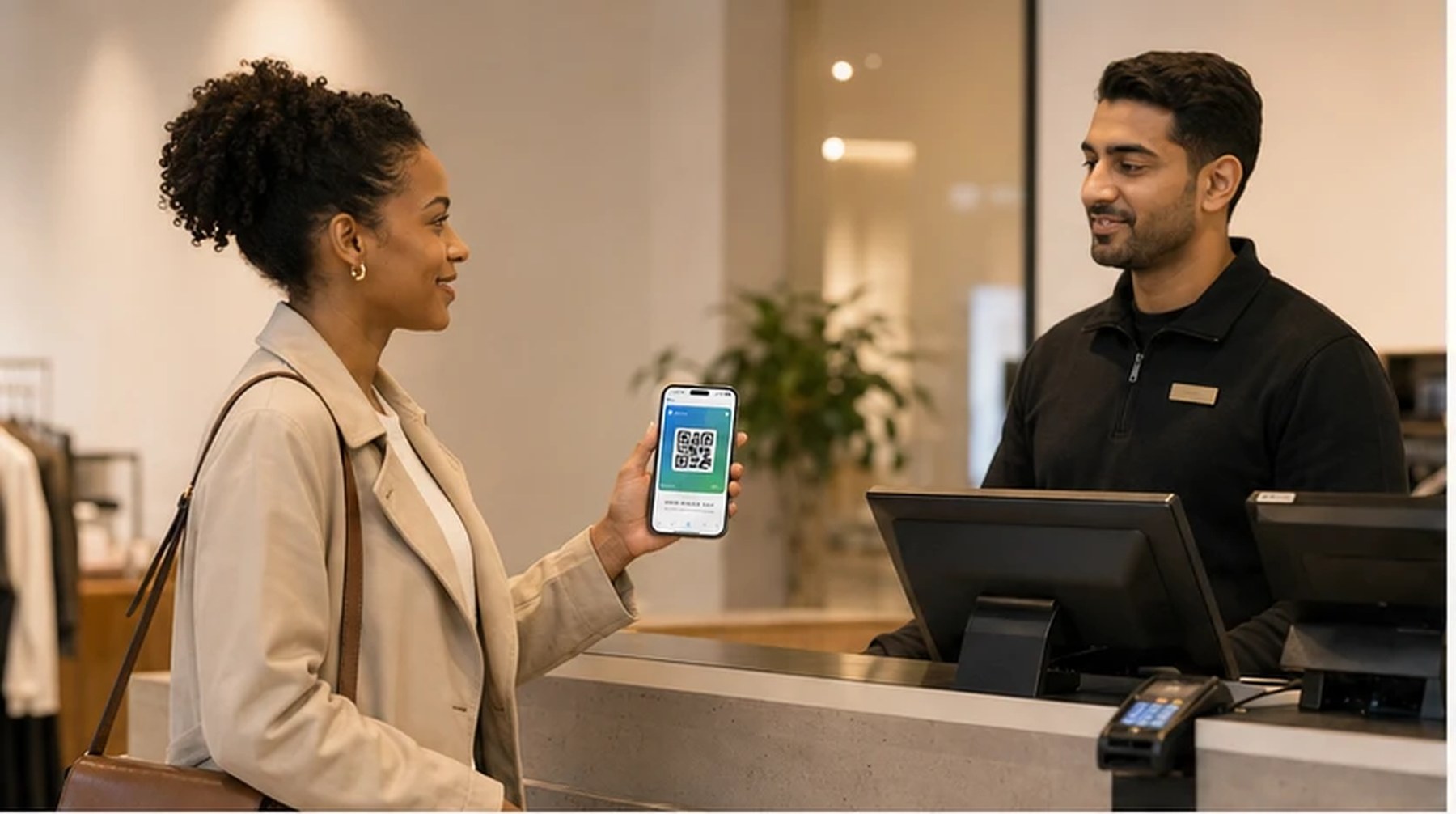 A shopper presents her personal eDrawers QR code to a checkout assistant