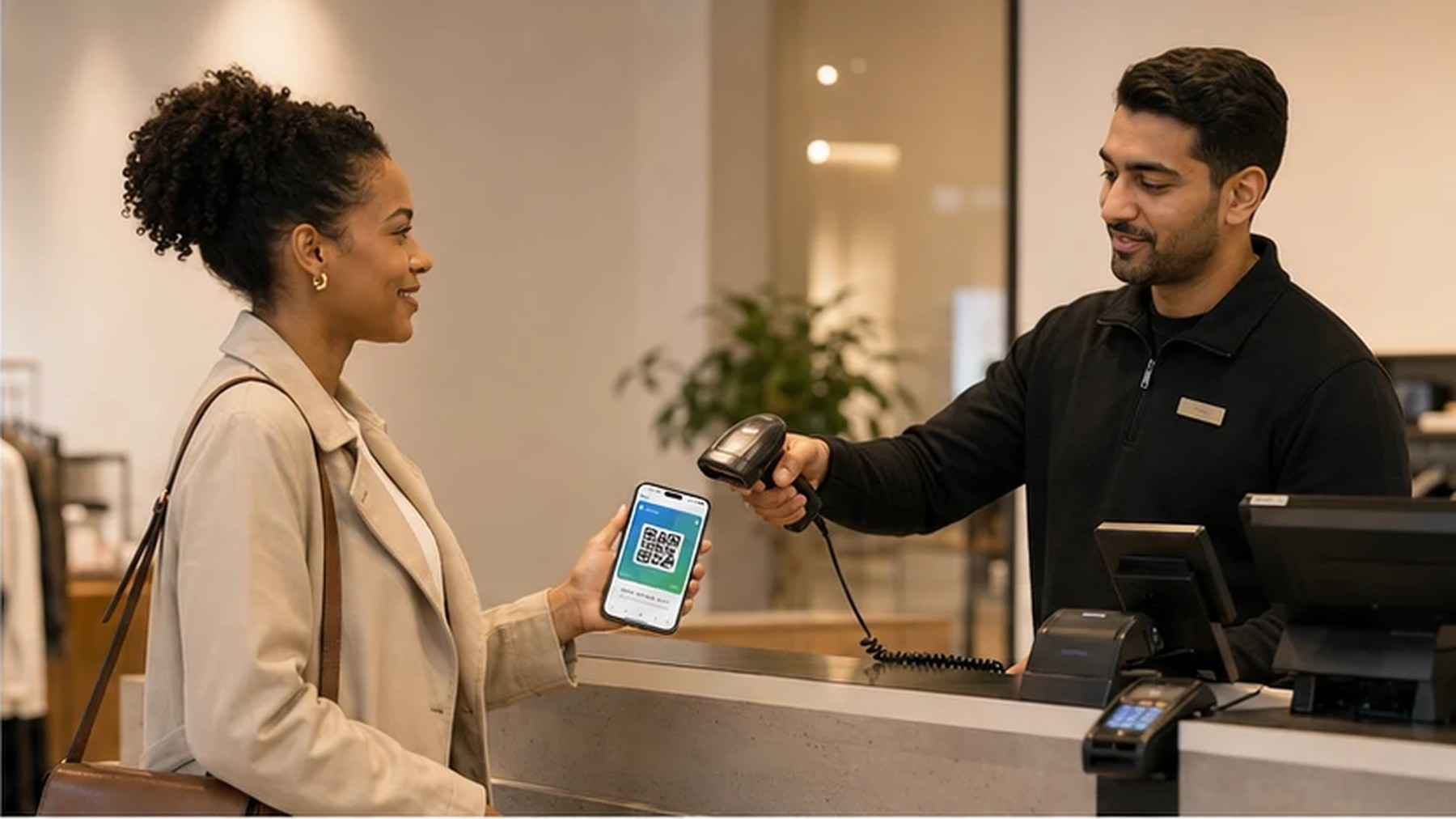 A checkout assistant scans a shopper's eDrawers QR code with a handheld scanner