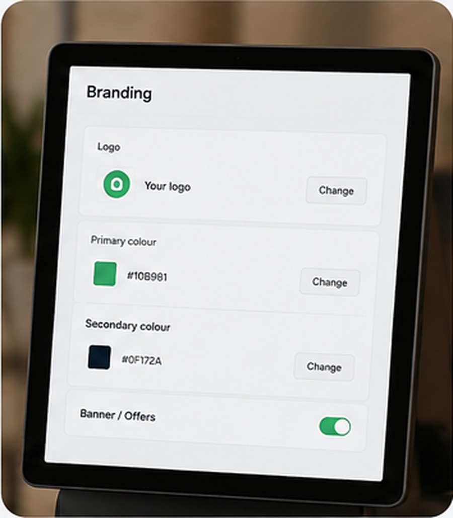 A tablet showing eDrawers branding settings — logo, colours and offers
