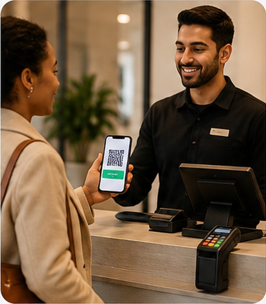 A retailer scanning a customer's eDrawers QR code at checkout