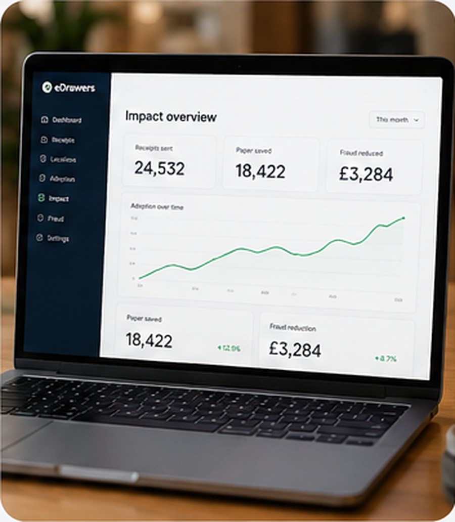 A laptop showing the eDrawers impact overview dashboard