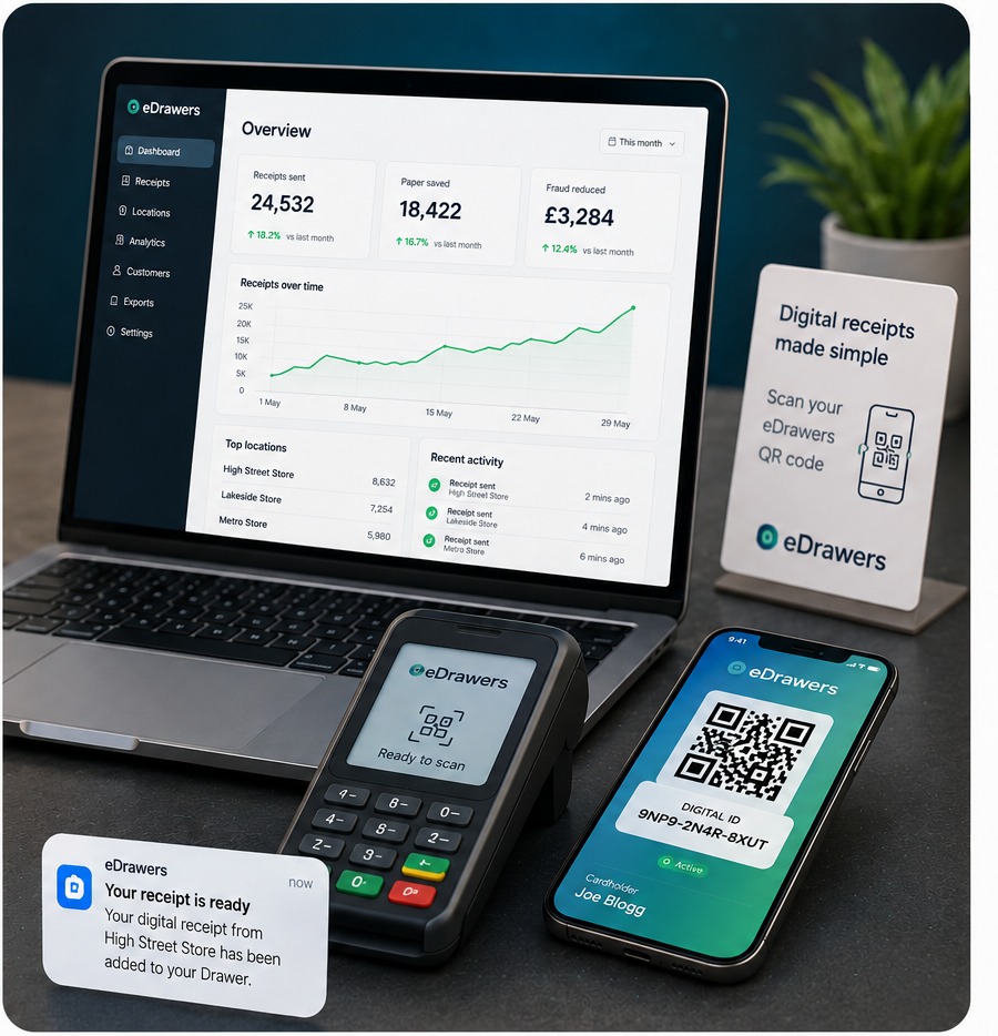 eDrawers retailer dashboard, card reader and phone showing a digital receipt QR code at checkout