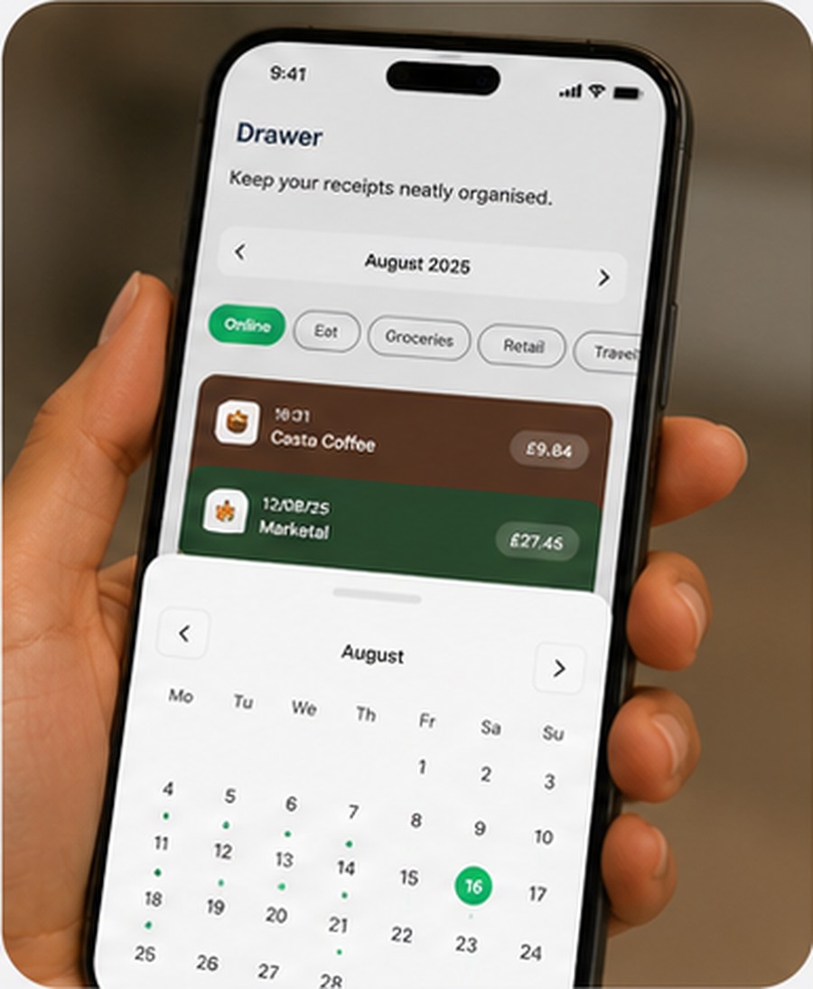 The eDrawers app's Drawer screen showing receipts organised by month and category